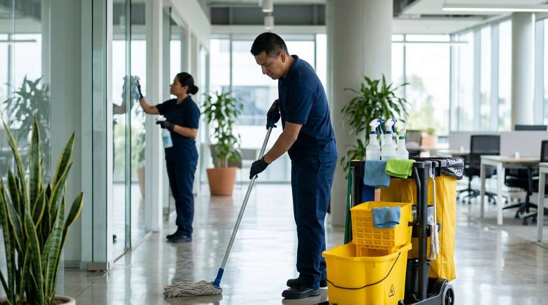 Equipo de aseo de Facility Group limpiando una oficina corporativa luminosa